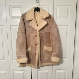 Vintage JCPenney Shearling Coat Mens 42 Long Tan Suede Sheepskin Jacket 70s